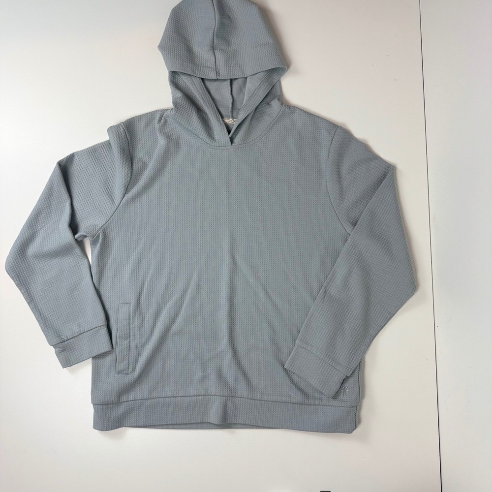 Frye Mens Waffle Knit Hoodie Blue Gray Long Sleeve Pullover Sweatshirt Large